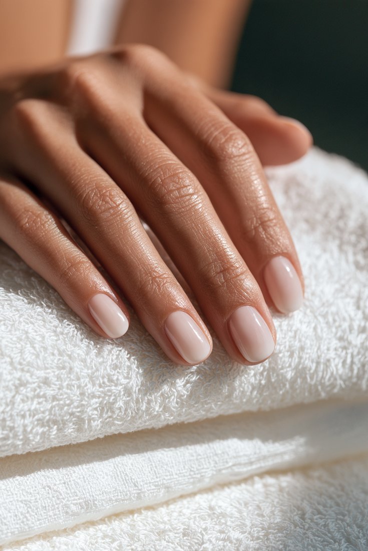 Left hand with short rounded builder gel nails in a milky sheer white soap nail finish resting on a white linen towel