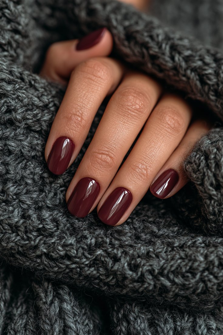 Left hand with short oval builder gel nails in deep glossy mulberry purple-red resting on a charcoal wool scarf
