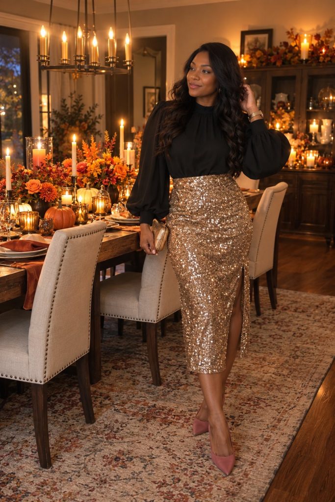 Black balloon sleeve blouse, gold sequin midi skirt with a slit and pink heels