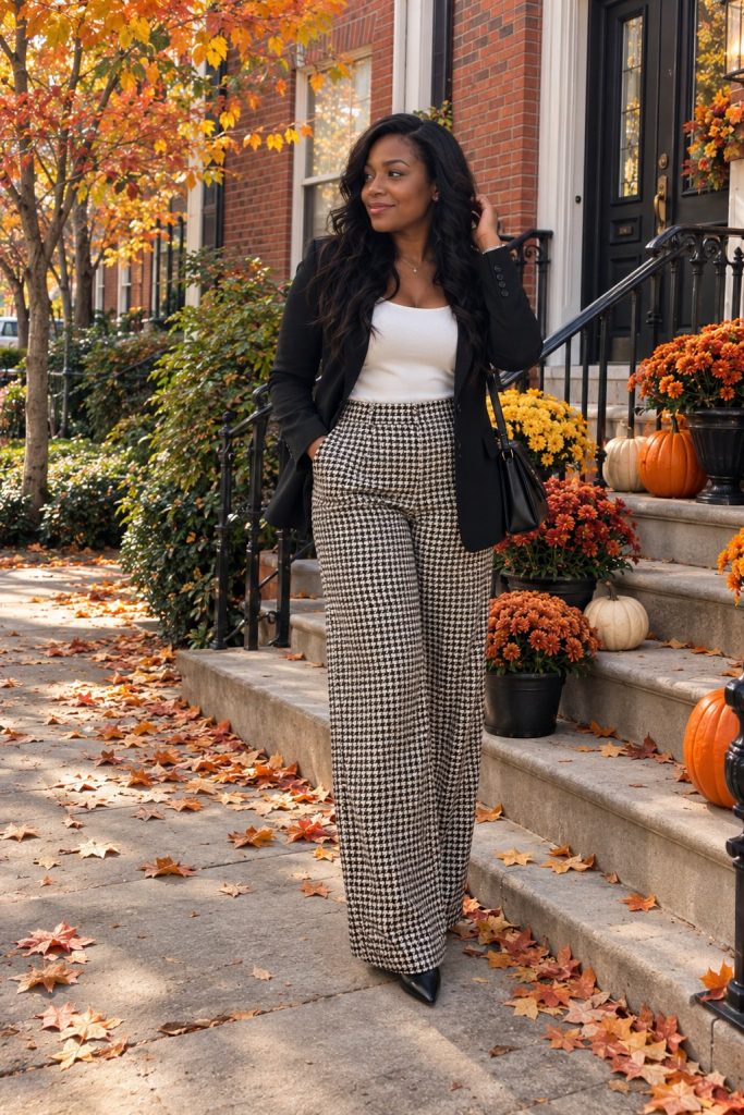 Black blazer, white top and black and white houndstooth wide leg trousers