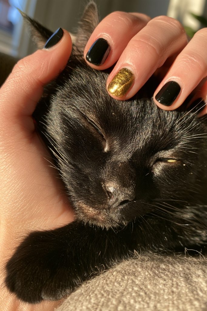 Hand gently petting a black cat with short glossy black nails and one gold cat eye accent nail