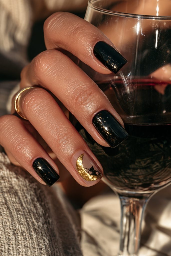 Hand with square black nails and a gold crescent moon accent holding a glass of red wine