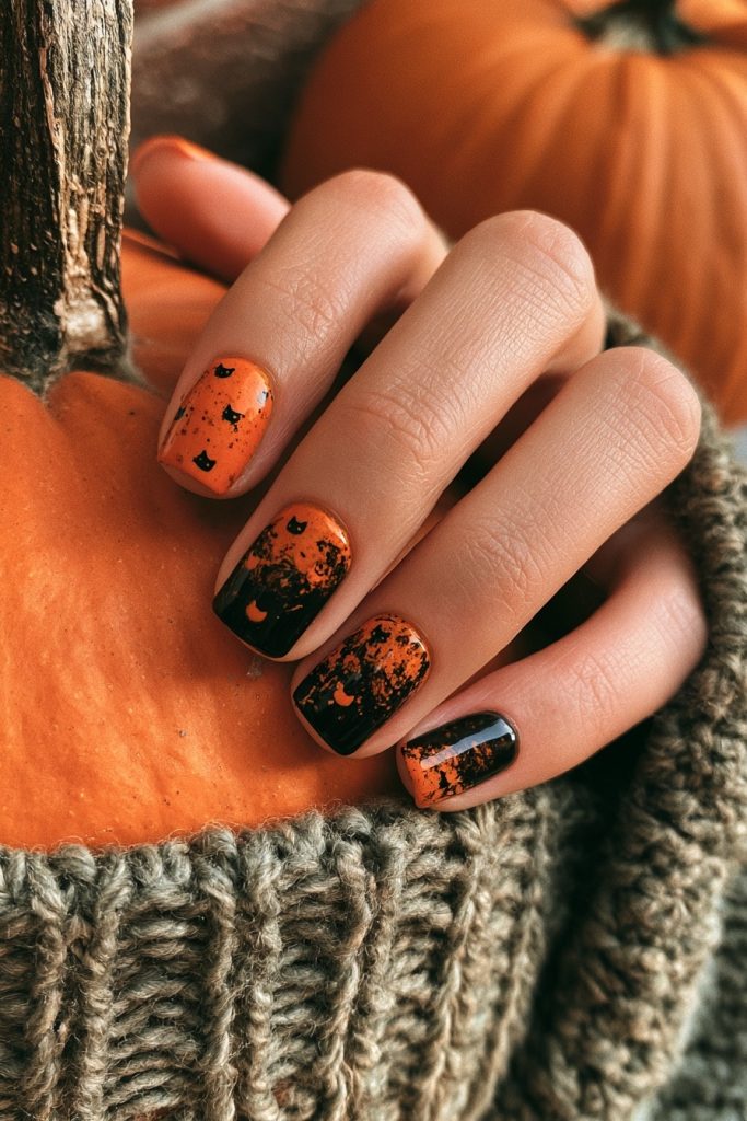 Hand with short orange and black Halloween nails with small black silhouette art holding a pumpkin