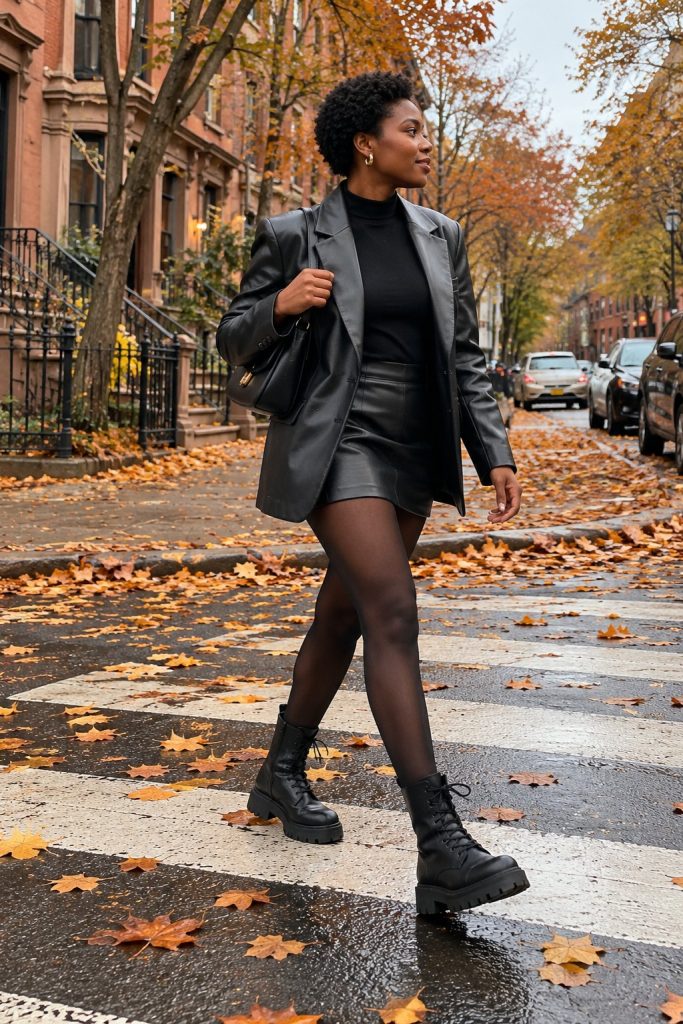 Black faux leather blazer, black mini skirt, sheer tights and combat boots