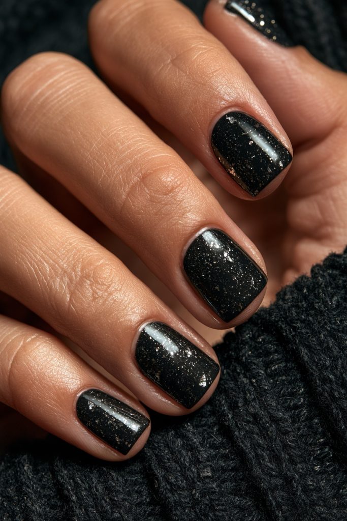 Hand with glossy black nails and sparse silver glitter on a dark knit