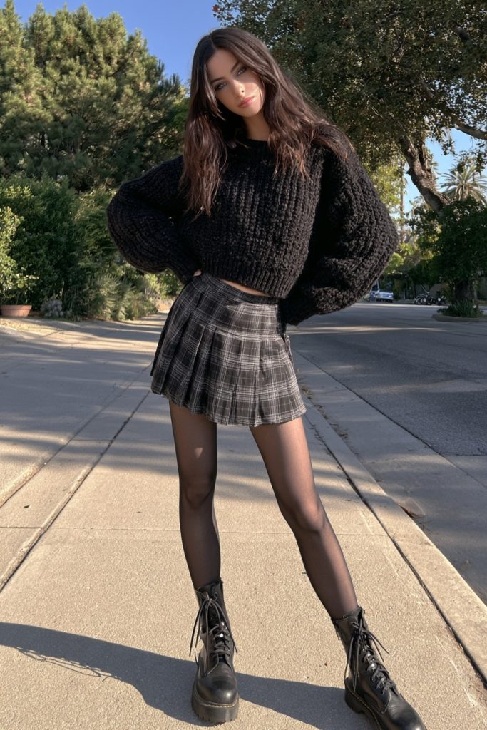 Woman in a black and grey plaid pleated mini skirt with a chunky black knit sweater, black tights and combat boots