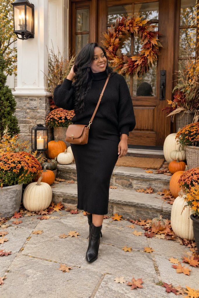 Black knit sweater with a black midi skirt and a crossbody bag