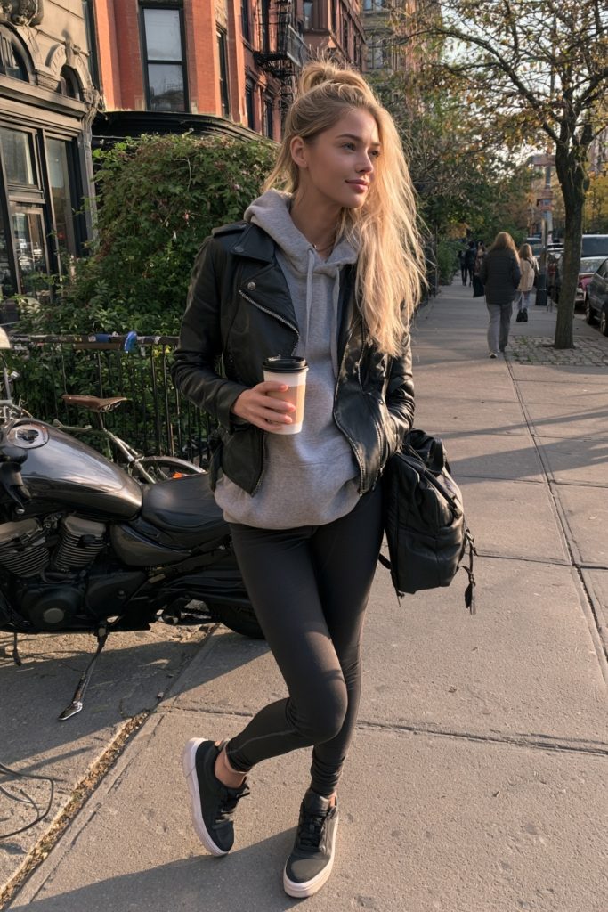 Woman in a black leather jacket over a gray hoodie with black leggings and sneakers holding a coffee