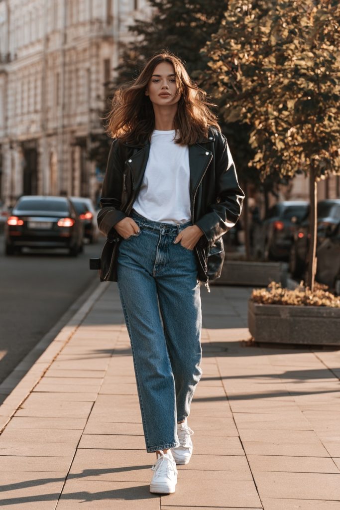 Woman in a black leather jacket over a white tee with blue jeans and white sneakers on a sunny sidewalk