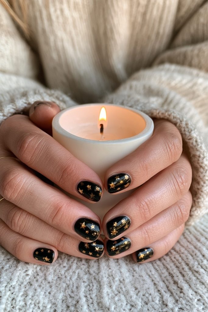Close up of hands with black nails and tiny gold star accents holding a candle in a cream sweater