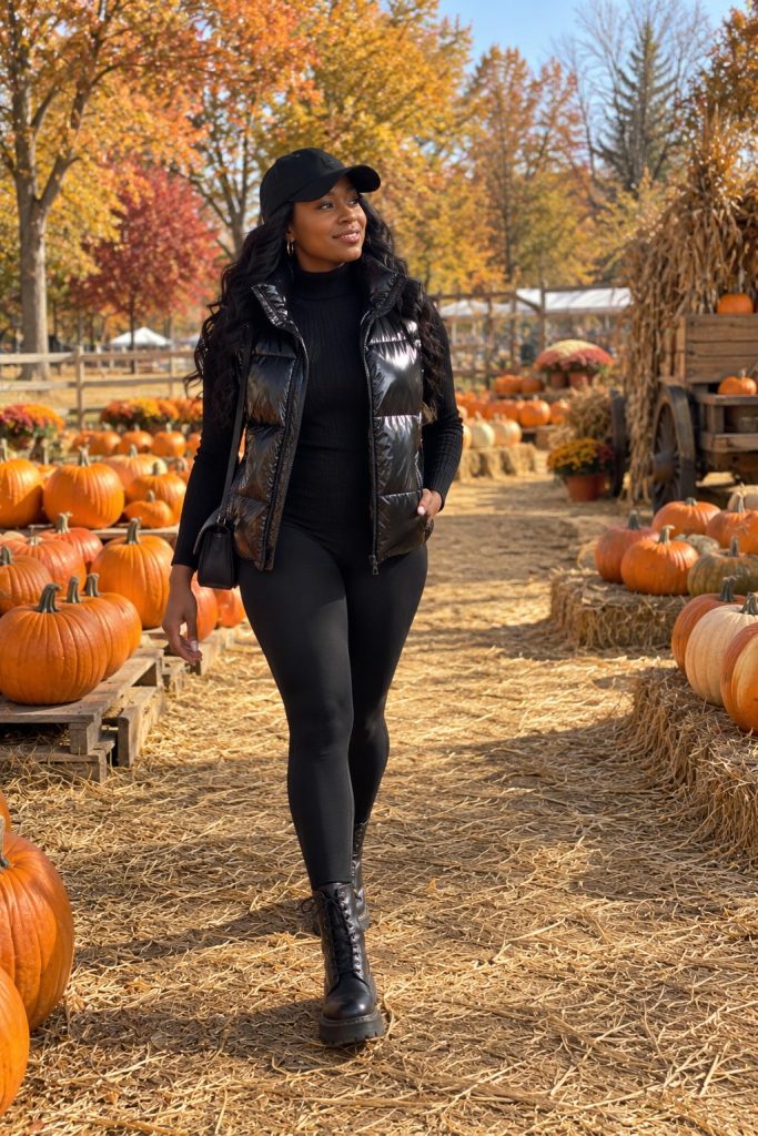 Glossy black puffer vest over a black turtleneck with leggings, combat boots and a cap