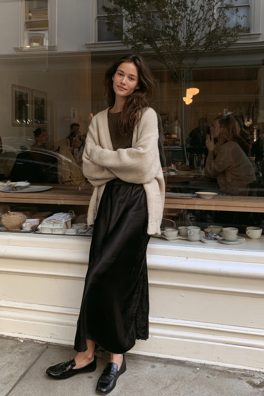 Woman standing at a cafe window in a long black satin slip skirt, oatmeal cardigan and black loafers