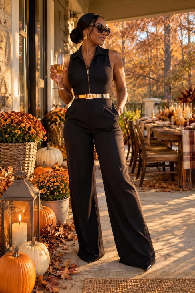 Black sleeveless zip front flared jumpsuit with a gold belt, sunglasses and a glass in hand
