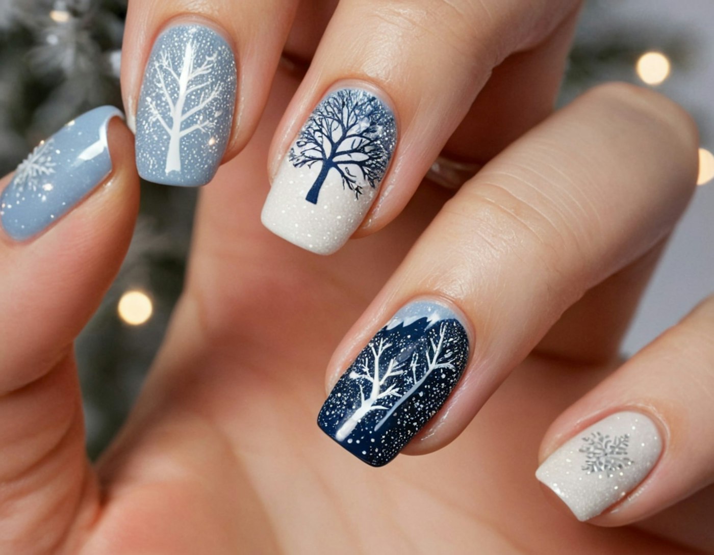 Person with a blue and white manicure with a small tree design