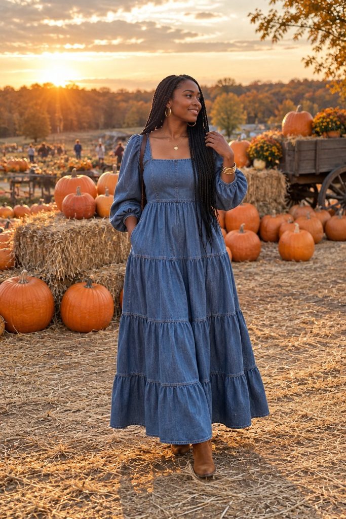 Blue denim tiered maxi dress with gold jewelry