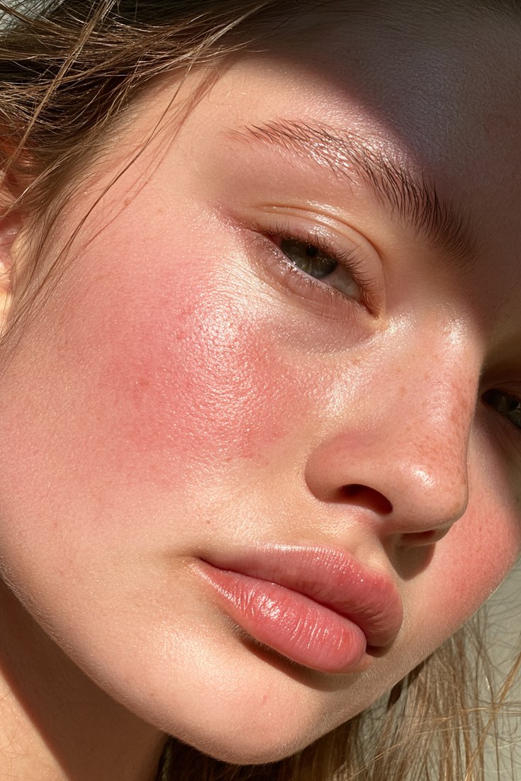 Close-up of a woman's face with soft pink blush swept high across the cheekbones toward the temples