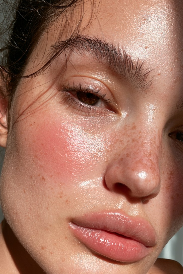 Close-up of a woman's cheek with a sheer cream blush on bare skin and visible freckles