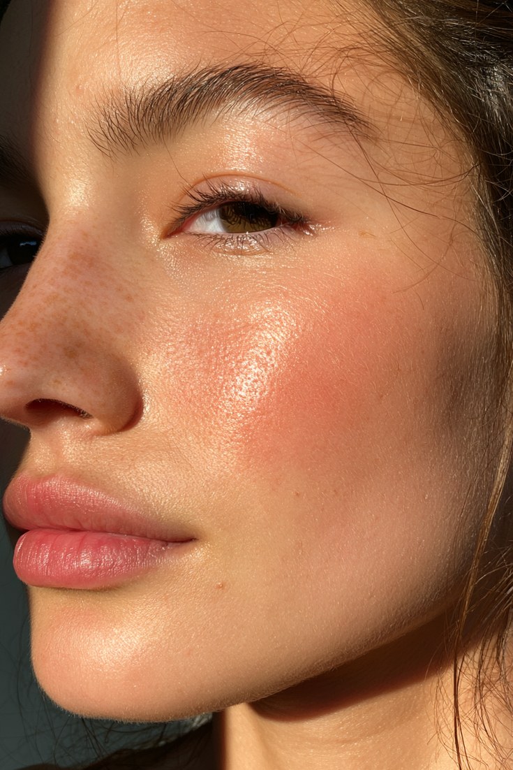 Close-up of a woman's cheek with a warm peach-terracotta blush and a glowing complexion