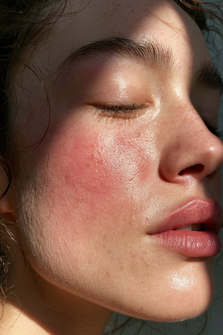 Close-up of a woman's cheek with sheer berry blush and a soft diffused edge
