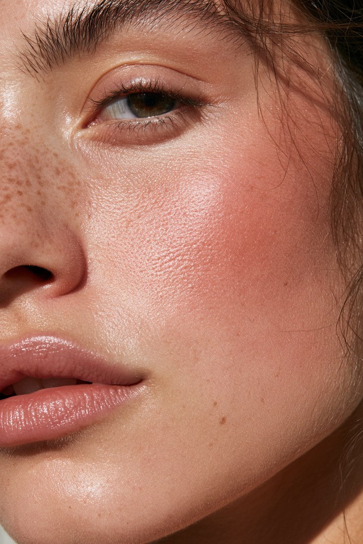 Close-up of a woman's cheek with muted rosy brown blush and a satin finish