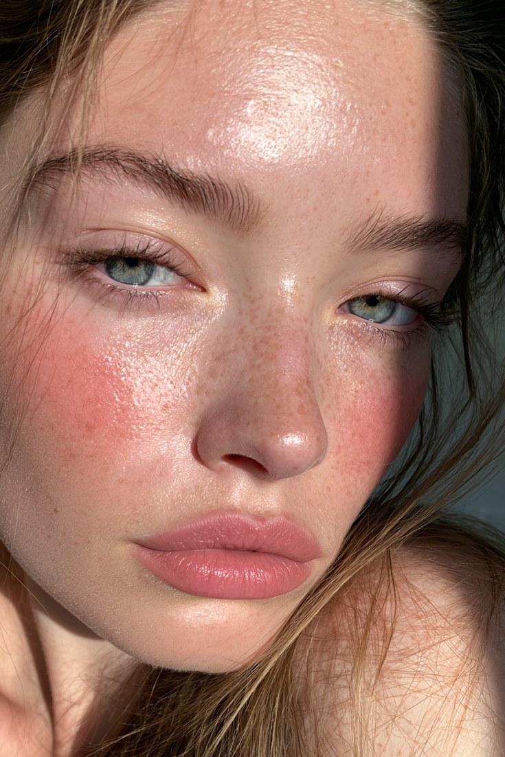 Close-up of a woman's face with a soft red-pink blush across the cheeks and bridge of the nose