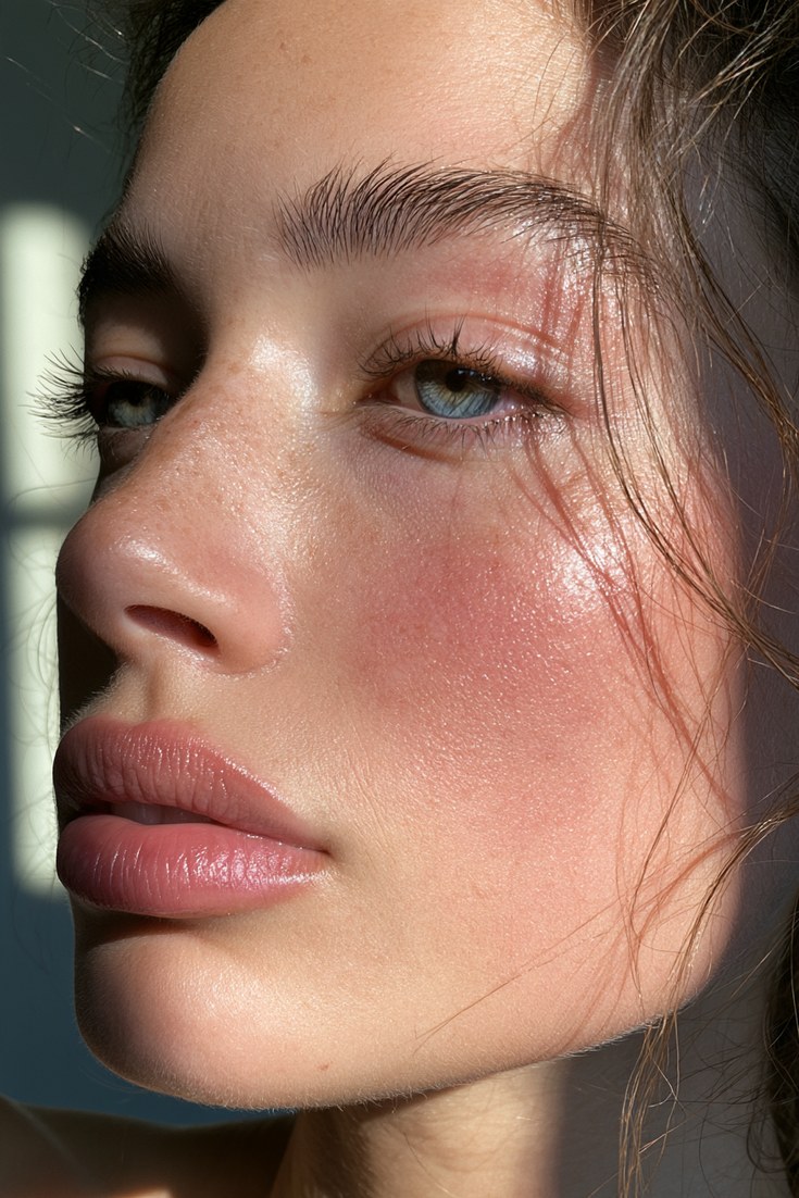 Close-up of a woman's face with blush swept from the cheek up toward the temple and eye area