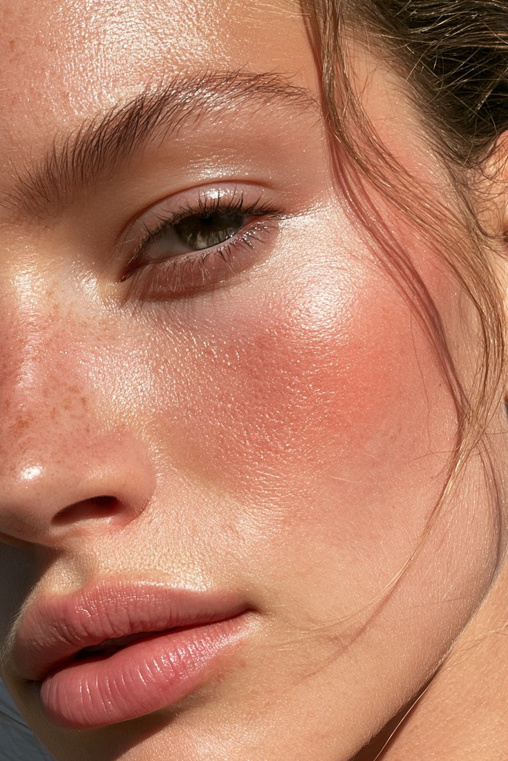 Close-up of a woman's face with warm bronzer along the cheekbone and peach blush above it