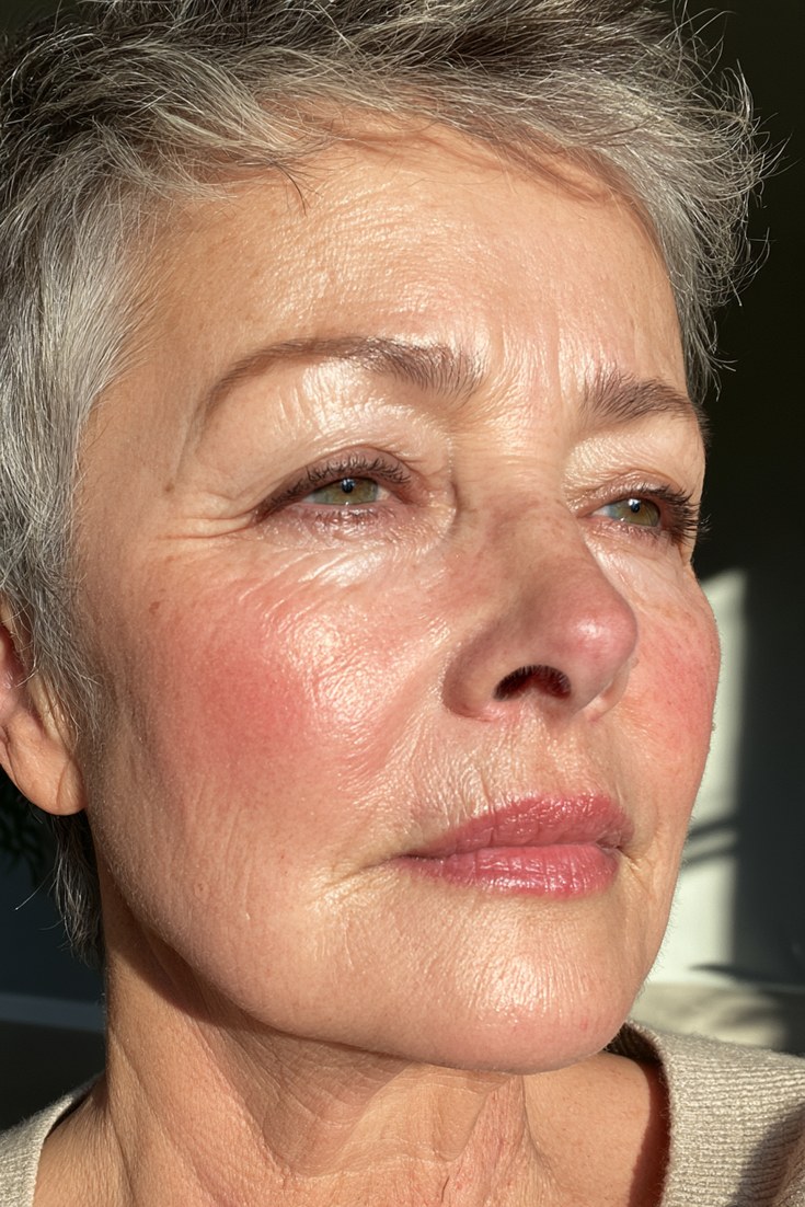 Close-up of a mature woman's cheek with a soft rosy cream blush and a luminous finish