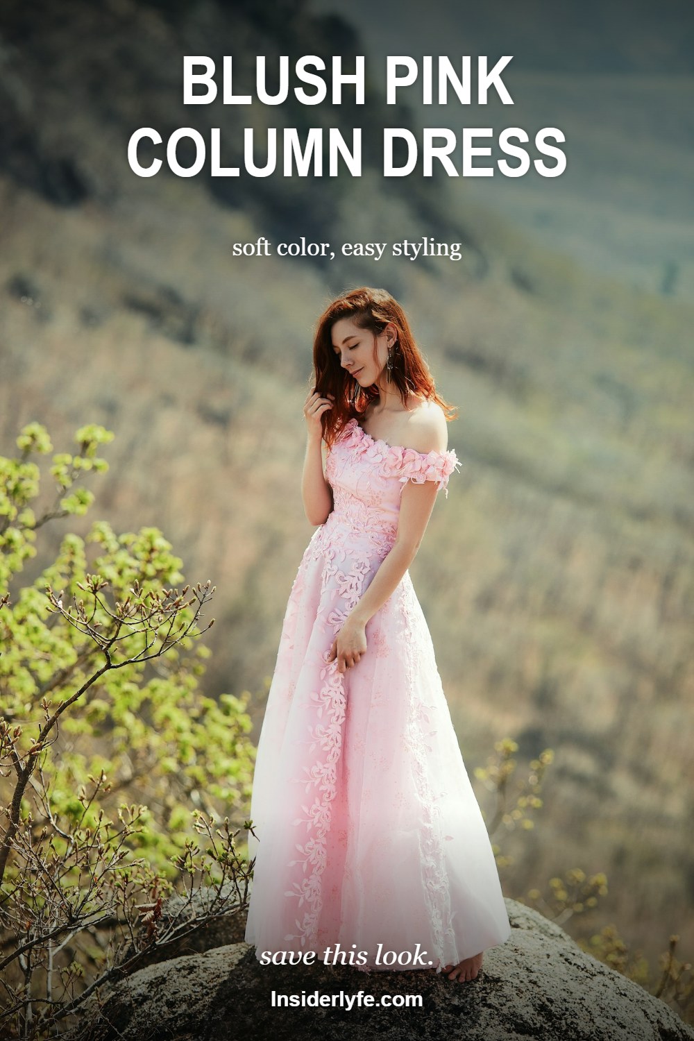 Woman in a pink dress standing near a green tree