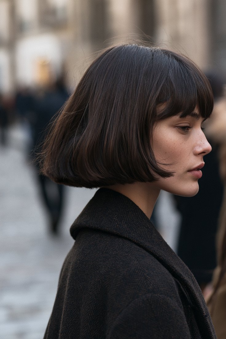 Back and side view of a woman with a chin-length French bob and a short micro fringe, dark brown hair