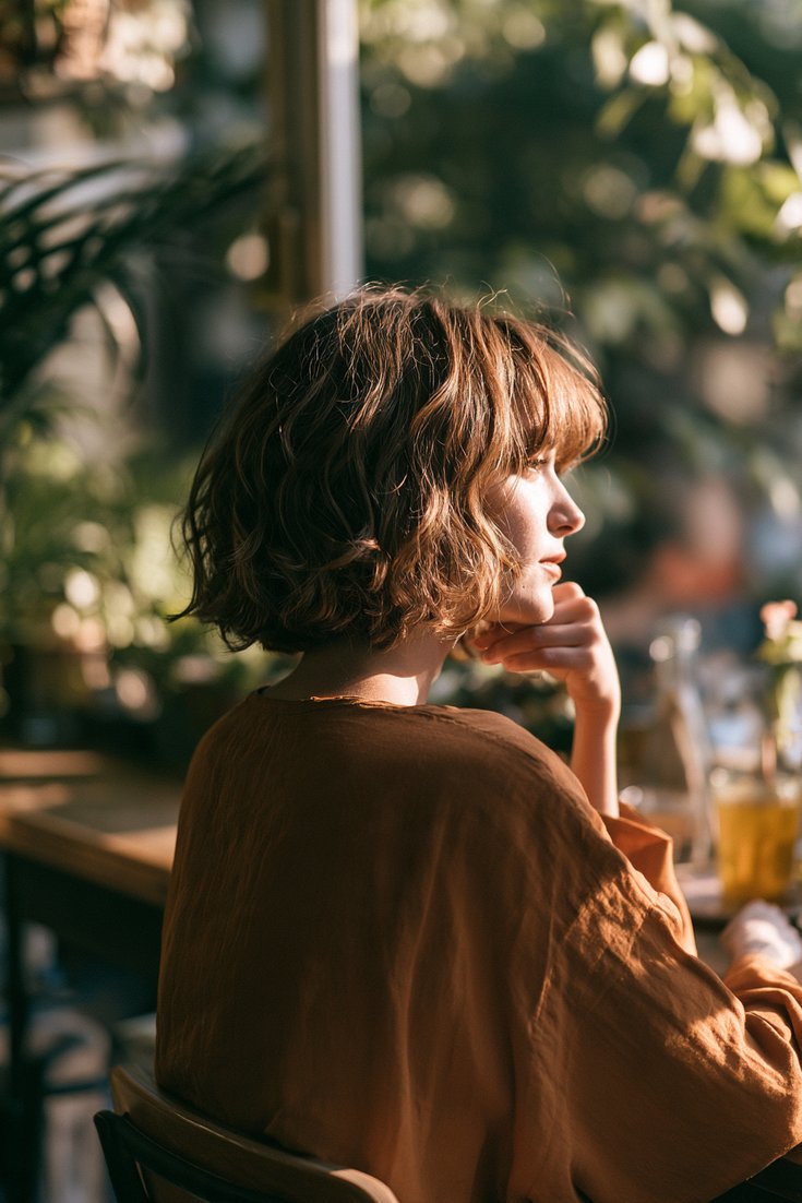 Back and side view of a woman with a wavy chin-length French bob in honey brown