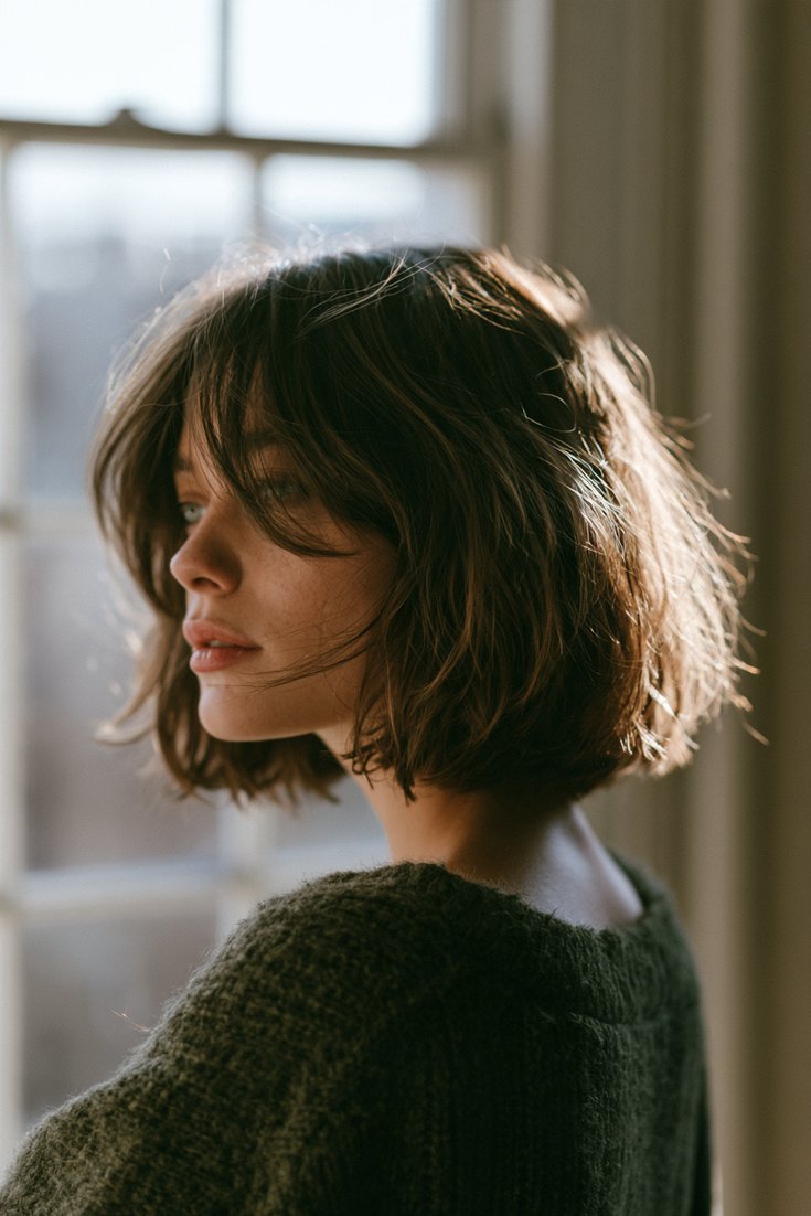 Three-quarter back view of a woman with a tousled jaw-length French bob and curtain fringe, light brown hair