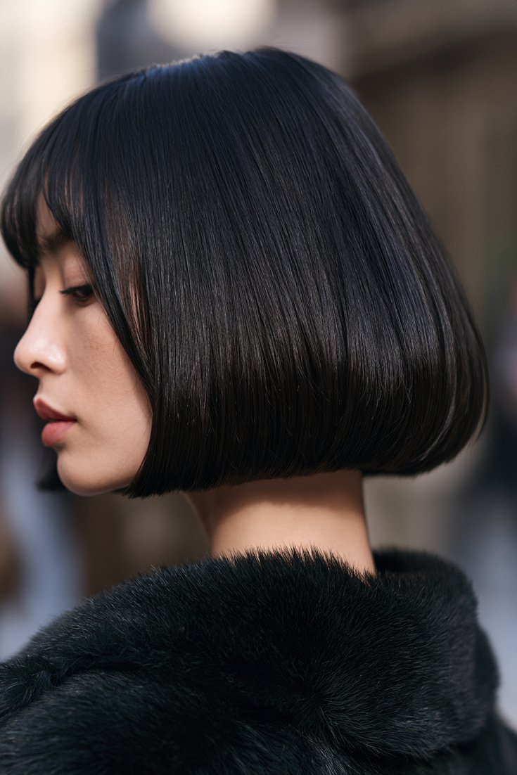 Back view of a woman with a blunt jaw-length French bob in jet black hair