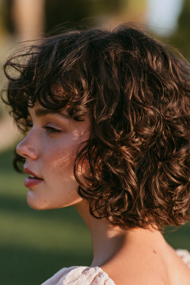 Three-quarter back view of a woman with a short textured French bob on natural curls