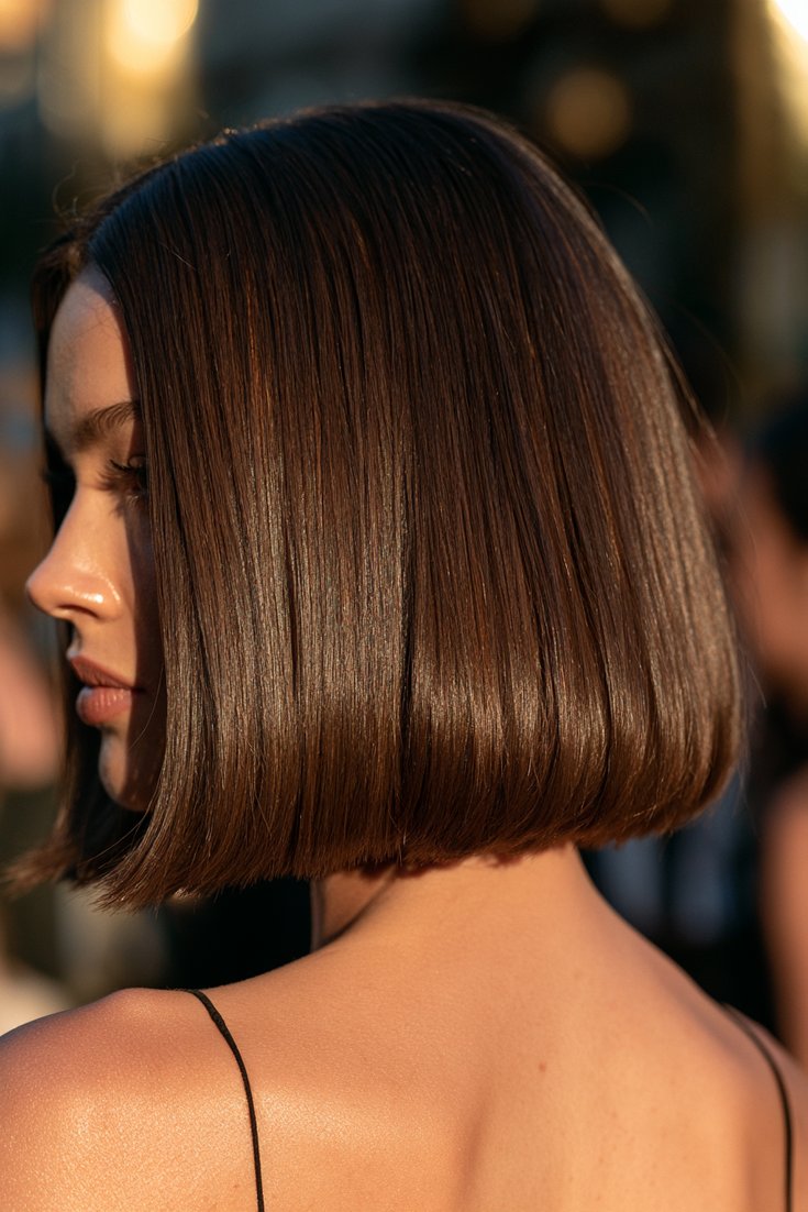 Back and side view of a woman with a sleek collarbone-length Italian bob in chestnut brown