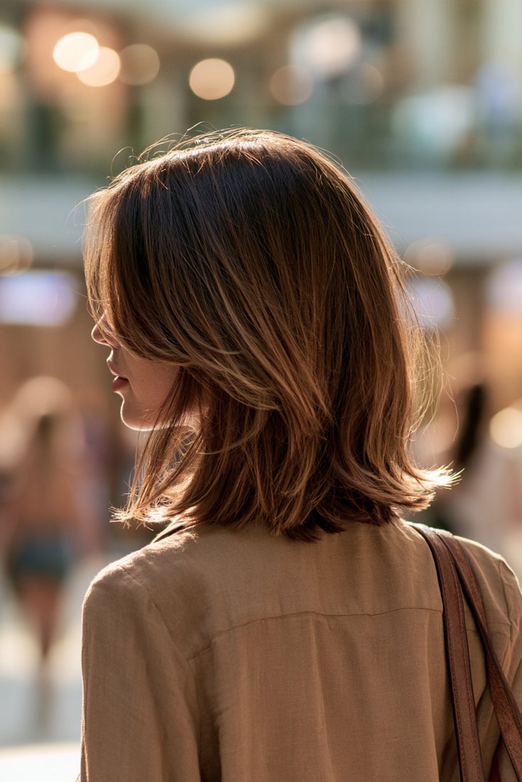 Back and side view of a woman with a layered collarbone-length Italian bob in warm mid-brown