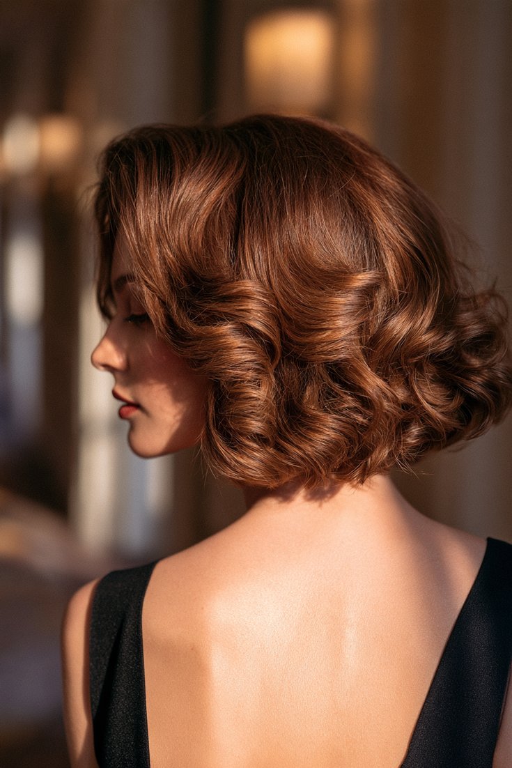 Three-quarter back view of a woman with a voluminous bouncy blowout Italian bob in golden brown