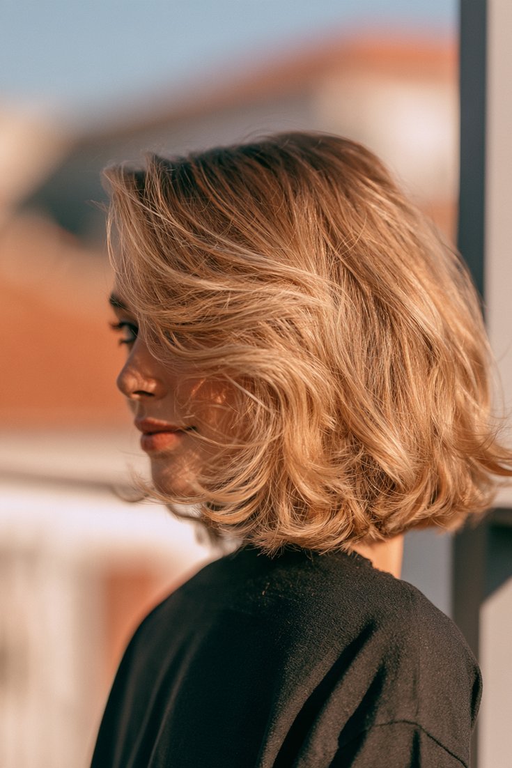 Three-quarter back and side view of a woman with an Italian bob and long face-framing layers in dark blonde