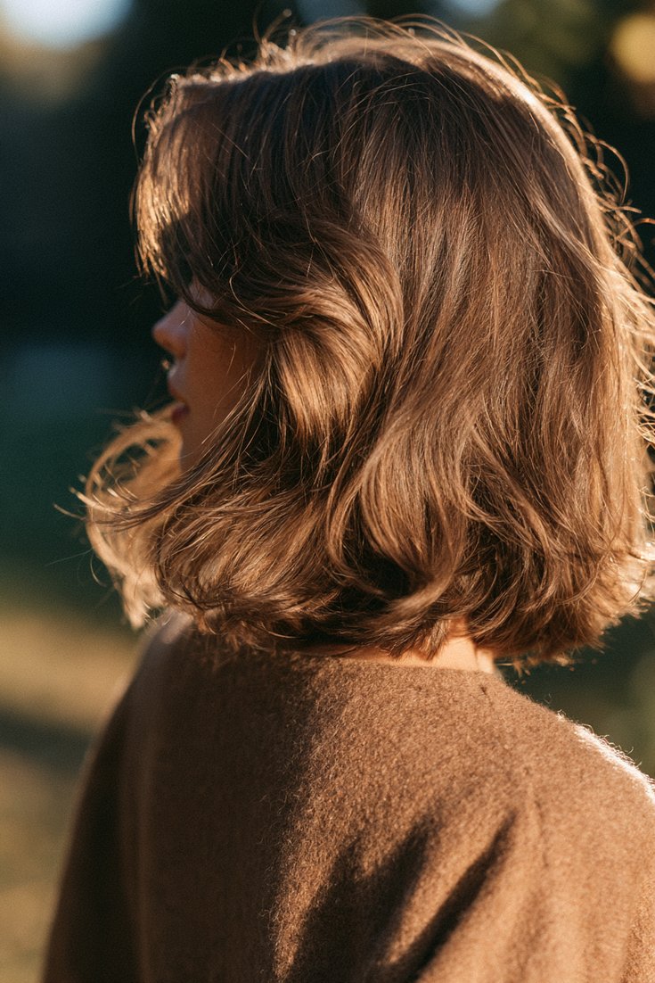 Back and side view of a woman with a long Italian bob just past the collarbone in soft caramel brown