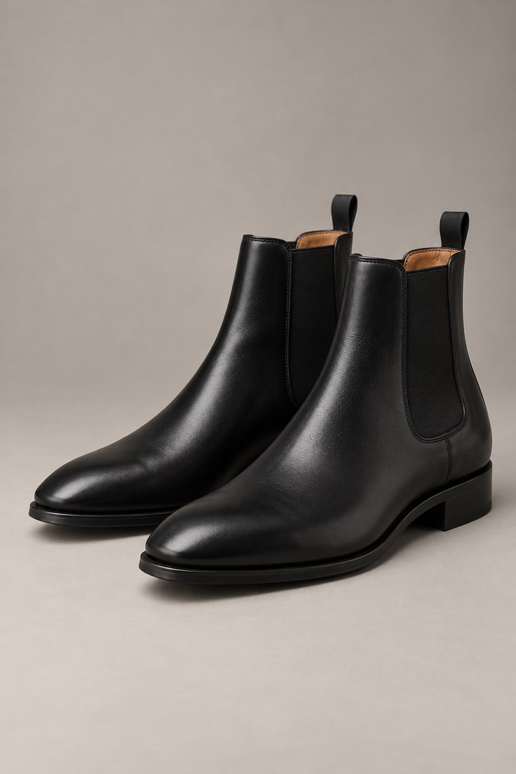 Pair of black leather Chelsea ankle boots with elastic side panels on a plain backdrop