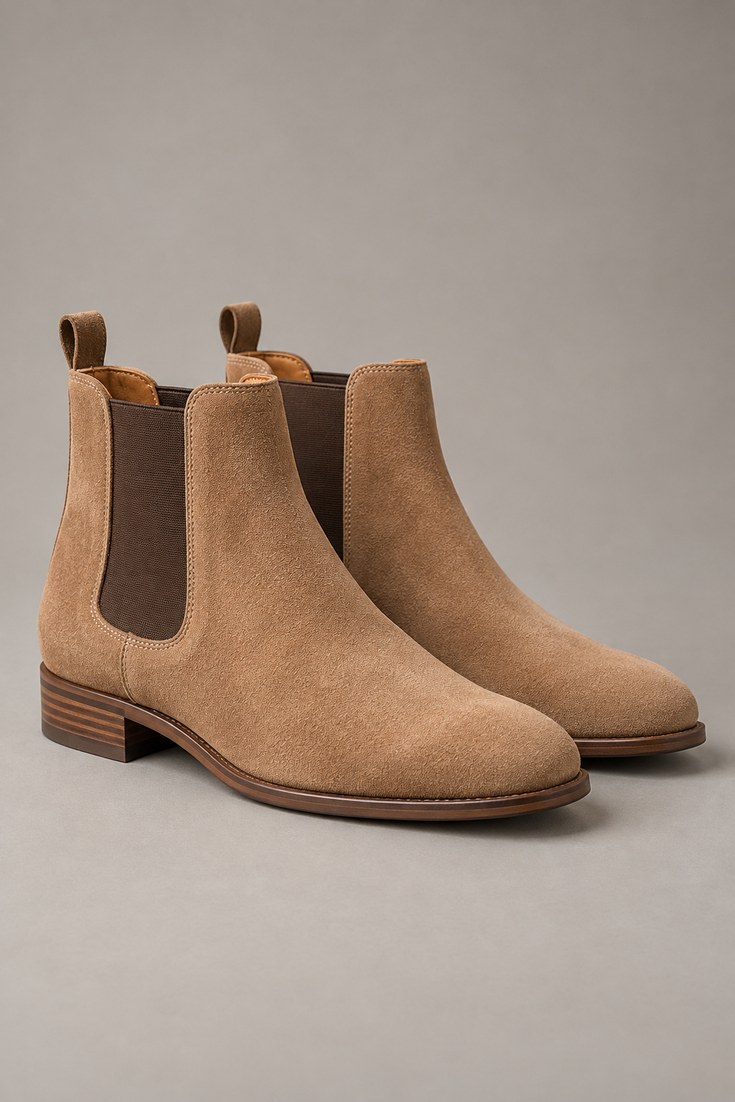 Pair of tan suede Chelsea boots with elastic panels in studio light