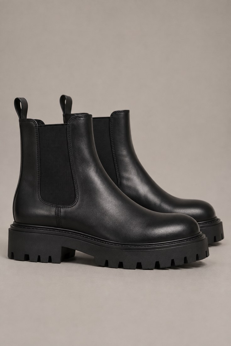Black Chelsea boots with a chunky treaded lug sole on a neutral backdrop
