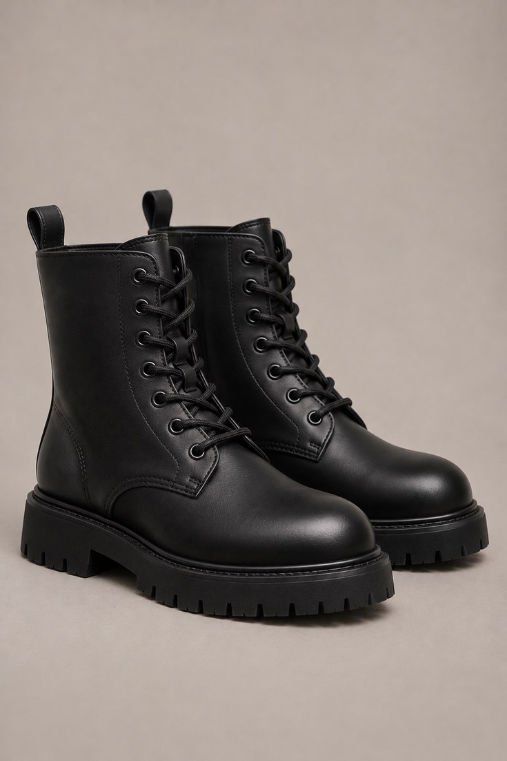 Pair of black eight-eye leather combat boots with thick soles in a studio shot