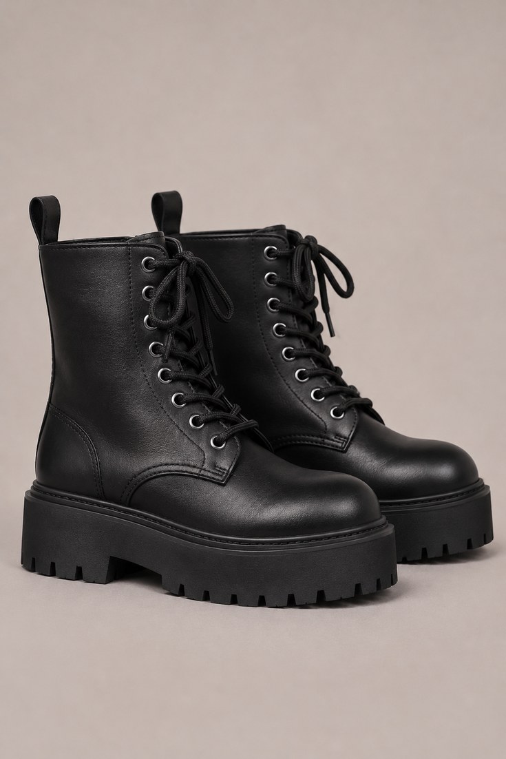 Black leather platform combat boots with a thick flatform sole