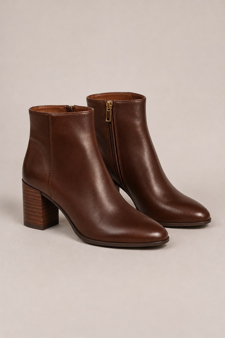 Brown leather block-heel ankle boot pair with a side zip