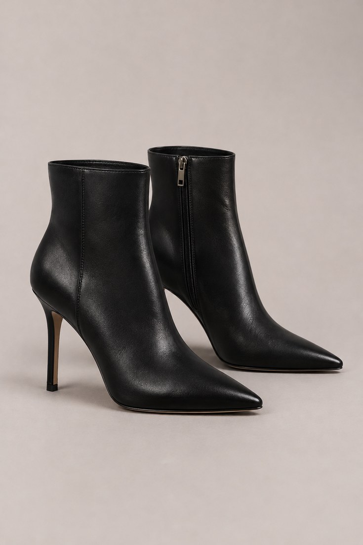 Black pointed-toe stiletto ankle boots in a studio photo