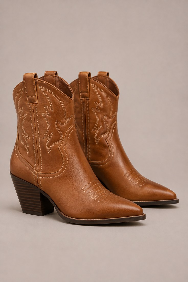Tan leather western-style ankle boots with stitched shaft detail