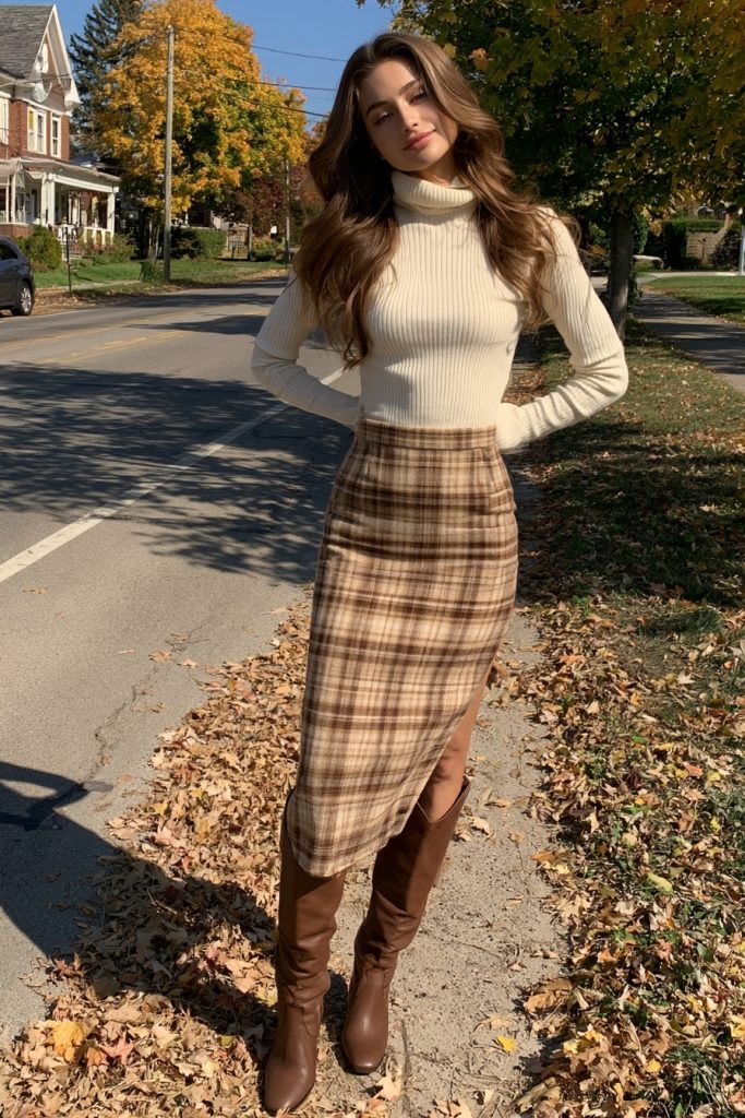 Woman in a brown and camel plaid midi skirt with a cream turtleneck and brown knee-high boots on an autumn street