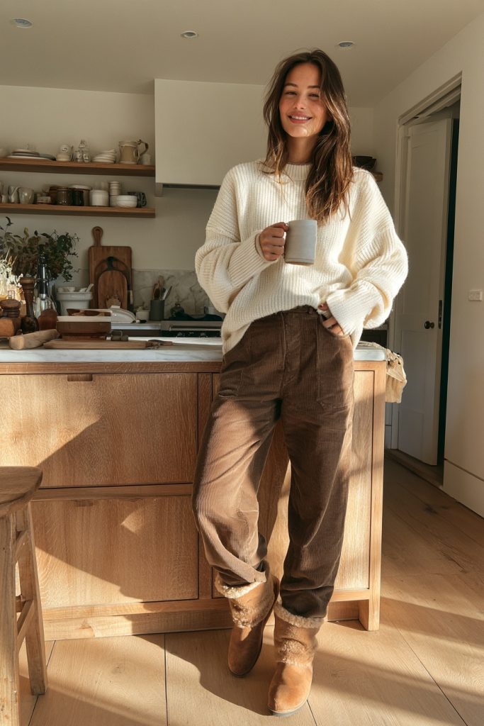 Woman in brown corduroy trousers, a cream sweater and tan shearling boots holding a mug in a sunny kitchen