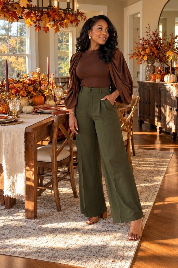 Brown draped statement sleeve top with olive wide leg trousers